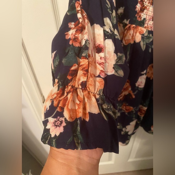 Xhilaration Navy Blue Peasant Long Sleeve Pink Floral Spring Dress Large. NWT - Picture 3 of 5